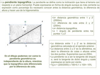 • La pendiente topográfica. La pendiente se define como la inclinación que tiene el terreno con
respecto a un plano horizontal. Puede expresarse en forma de ángulo aunque es más corriente su
expresión como porcentaje Es necesario conocer antes la distancia geométrica, la diferencia de
altura y hacer uso de la trigonometría.
• b= distancia geométrica entre 1 y 2'
(2000m).
• c= diferencia de cota entre 2 y 2'
(200m).
• a= distancia topográfica.
• α = ángulo de pendiente entre los
puntos 1 y 2'
En el dibujo podemos ver como la
pendiente geométrica es
independiente de la altura, mientras
que la topográfica esta diferenciada
por la diferencia de cota.
• La distancia entre 1 y 2' es la distancia
geométrica calculada en el ejemplo anterior.
• La distancia entre 2 y 2' es la altimétrica, es
decir la diferencia de cotas o alturas entre
los dos puntos. Suponemos que es 200m.
• La pendiente va a ser la tangente del ángulo
α, será la tangente de dicho ángulo y suele
expresarse en tanto por ciento.
• Tg α = (200/2000) x 100=0.1 x 100= 10%
c
b
2´
2
1
a
 