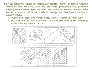 1. En las siguientes figuras se representan distintas formas de relieve mediante
curvas de nivel: montaña, valle, isla, acantilado, pendiente suave, pendiente
fuerte y collado (zona deprimida entre dos montañas). Deduce, a partir de las
curvas de nivel, a qué forma de relieve corresponde cada figura y escribe su
nombre debajo.
a. ¿Cómo es el acantilado representado, suave o escarpado? ¿Por qué?
b. ¿Cuál es la altura de la montaña? Indica si la pendiente de sus laderas es
suave o fuerte y explica por qué.
 