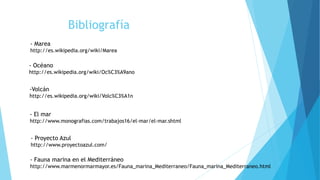Bibliografía
- Marea
http://es.wikipedia.org/wiki/Marea
- Océano
http://es.wikipedia.org/wiki/Oc%C3%A9ano
- Proyecto Azul
http://www.proyectoazul.com/
-Volcán
http://es.wikipedia.org/wiki/Volc%C3%A1n
- Fauna marina en el Mediterráneo
http://www.marmenormarmayor.es/Fauna_marina_Mediterraneo/Fauna_marina_Mediterraneo.html
- El mar
http://www.monografias.com/trabajos16/el-mar/el-mar.shtml
 
