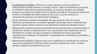 • EL MODELADO LITORAL: el litoral es el medio natural en el que confluyen e
interaccionan el medio terrestre y el medio marino. Todos los fenómenos que actúan
en el litoral se denominan procesos litorales. Los procesos litorales son azonales
porque en la acción que realiza el mar no influye casi nada en la zonación climática de
la tierra. El modelado del relieve litoral se forma por la acción mecánica, la
meteorización química y la meteorización biológica.
• Acción mecánica: se basa en el golpeteo del agua sobre la costa. El proceso
destructivo producido por el constante golpeteo de las olas y de los materiales que
arrastran cuando chocan contra las rocas del litoral se denomina abrasión marina.
• Meteorización química: produce una transformación química de la roca provocando la
pérdida de cohesión y alteración de la roca. Los procesos más importantes son los
atmosféricos, el vapor de agua, el oxígeno y el dióxido de carbono que están
implicados en la oxidación, la disolución, la carbonatación, la hidratación, la hidrólisis y
la bioquímica.
• Meteorización biológica: Algunos seres vivos contribuyen a transformar las rocas.Las
raices de las plantas se introducen entre las grietas actuando de cuñas, al mismo
tiempo se alteran químicamente las rocas.
 