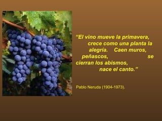 “El vino mueve la primavera,
     crece como una planta la
      alegría. Caen muros,
   peñascos,               se
cierran los abismos,
          nace el canto.”


Pablo Neruda (1904-1973).
 