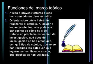 Funciones del marco teórico
1. Ayuda a prevenir errores quese
   han cometido en otros estudios
2. Orienta sobre cómo habrá de
   realizarse el estudio. Al acudir a
   los antecedentes, nos podemos
   dar cuenta de cómo ha sido
   tratado un problema específico de
   investigación, qué tipos de
   investigación se han efectuado,
   con qué tipo de sujetos, , como se
   han recogido los datos ,en qué
   lugares se han llevado a cabo,
   qué diseños se han utilizado.
 