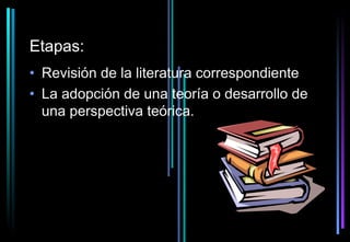Etapas:
• Revisión de la literatura correspondiente
• La adopción de una teoría o desarrollo de
  una perspectiva teórica.
 