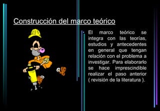 Construcción del marco teórico
                    • El marco teórico se
                      integra con las teorías,
                      estudios y antecedentes
                      en general que tengan
                      relación con el problema a
                      investigar. Para elaborarlo
                      se hace imprescindible
                      realizar el paso anterior
                      ( revisión de la literatura ).
 