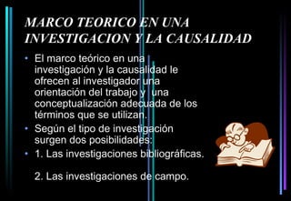 MARCO TEORICO EN UNA
INVESTIGACION Y LA CAUSALIDAD
• El marco teórico en una
  investigación y la causalidad le
  ofrecen al investigador una 
  orientación del trabajo y  una
  conceptualización adecuada de los
  términos que se utilizan.
• Según el tipo de investigación
  surgen dos posibilidades:
• 1. Las investigaciones bibliográficas.

  2. Las investigaciones de campo.
 