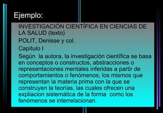 Ejemplo:
• INVESTIGACIÓN CIENTÍFICA EN CIENCIAS DE
  LA SALUD (texto)
• POLIT, Denisse y col.
• Capítulo I
  Según la autora, la investigación científica se basa
  en conceptos o constructos, abstracciones o
  representaciones mentales inferidas a partir de
  comportamientos o fenómenos, los mismos que
  representan la materia prima con la que se
  construyen la teorías, las cuales ofrecen una
  expliacion sistemática de la forma como los
  fenómenos se interrelacionan.
 