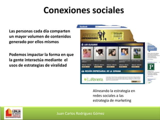 Conexiones sociales
Las personas cada día comparten
un mayor volumen de contenidos
generado por ellos mismos
Podemos impactar la forma en que
la gente interactúa mediante el
usos de estrategias de viralidad

Alineando la estrategia en
redes sociales a las
estrategia de marketing
Juan Carlos Rodríguez Gómez

 