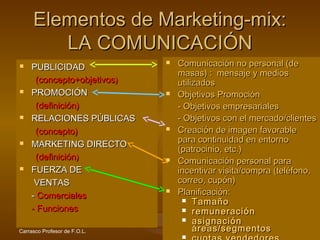Autor: Mario García
Carrasco Profesor de F.O.L.
Elementos de Marketing-mix:Elementos de Marketing-mix:
LA COMUNICACIÓNLA COMUNICACIÓN
 PUBLICIDADPUBLICIDAD
(concepto+objetivos(concepto+objetivos))
 PROMOCIÓNPROMOCIÓN
(definición)(definición)
 RELACIONES PÚBLICASRELACIONES PÚBLICAS
(concepto)(concepto)
 MARKETING DIRECTOMARKETING DIRECTO
(definición(definición))
 FUERZA DEFUERZA DE
VENTASVENTAS
-- ComercialesComerciales
- Funciones- Funciones
 Comunicación no personal (deComunicación no personal (de
masas) : mensaje y mediosmasas) : mensaje y medios
utilizadosutilizados
 Objetivos PromociónObjetivos Promoción
- Objetivos empresariales- Objetivos empresariales
- Objetivos con el mercado/clientes- Objetivos con el mercado/clientes
 Creación de imagen favorableCreación de imagen favorable
para continuidad en entornopara continuidad en entorno
(patrocinio, etc.)(patrocinio, etc.)
 Comunicación personal paraComunicación personal para
incentivar visita/compra (teléfono,incentivar visita/compra (teléfono,
correo, cupón)correo, cupón)
 Planificación:Planificación:
 TamañoTamaño
 remuneraciónremuneración
 asignaciónasignación
áreas/segmentosáreas/segmentos

 