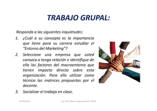 TRABAJO GRUPAL:
Responda a las siguientes inquietudes:
1. ¿Cuál a su concepto es la importancia
   que tiene para su carrera estudiar el
   “Entorno del Marketing”?
2. Seleccione una empresa que usted
   conozca o tenga relación e identifique de
   ella los factores del macroentorno que
   tienen impacto directo sobre esta
   organización. Para ello utilizar como
   técnica las matrices propuestas por el
   docente.
3. Socializar el trabajo en clase.

  04/09/2012             Ing. Félix Wilmer Paguay Chávez, MCM
 