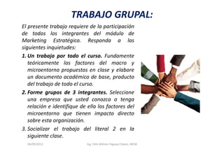 TRABAJO GRUPAL:
El presente trabajo requiere de la participación
de todos los integrantes del módulo de
Marketing Estratégico. Responda a las
siguientes inquietudes:
1. Un trabajo por todo el curso. Fundamente
   teóricamente los factores del macro y
   microentorno propuestos en clase y elabore
   un documento académico de base, producto
   del trabajo de todo el curso.
2. Forme grupos de 3 integrantes. Seleccione
   una empresa que usted conozca o tenga
   relación e identifique de ella los factores del
   microentorno que tienen impacto directo
   sobre esta organización.
3. Socializar el trabajo del literal 2 en la
   siguiente clase.
  04/09/2012                Ing. Félix Wilmer Paguay Chávez, MCM
 