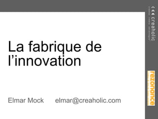 La fabrique de
l’innovation

Elmar Mock   elmar@creaholic.com
 