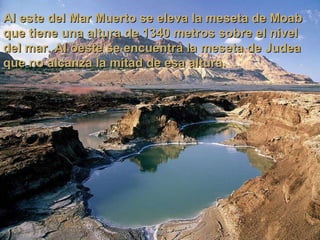 Al este del Mar Muerto se eleva la meseta de Moab que tiene una altura de 1340 metros sobre el nivel del mar. Al oeste se encuentra la meseta de Judea que no alcanza la mitad de esa altura. 