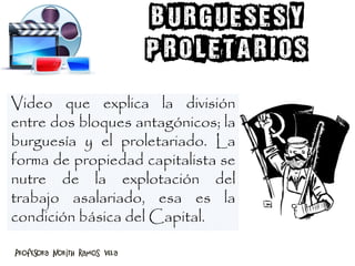 Video que explica la división
entre dos bloques antagónicos; la
burguesía y el proletariado. La
forma de propiedad capitalista se
nutre de la explotación del
trabajo asalariado, esa es la
condición básica del Capital.
Profesora Norith Ramos Vela
 