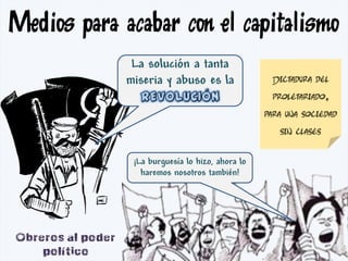 Medios para acabar con el capitalismo
La solución a tanta
miseria y abuso es la
Obreros al poder
político
Dictadura del
proletariado,
para una sociedad
sin clases
¡La burguesía lo hizo, ahora lo
haremos nosotros también!
 