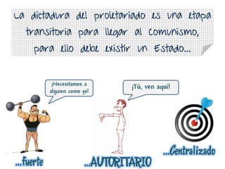 La dictadura del proletariado es una etapa
transitoria para llegar al Comunismo,
para ello debe existir un Estado…
¡Necesitamos a
alguien como yo!
¡Tú, ven aquí!
…fuerte …AUTORITARIO
…Centralizado
 
