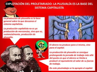 La producción de plusvalía es la base
general sobre la que descansa el
sistema capitalista.
La producción capitalista no es ya
producción de mercancías, sino que es,
sustancialmente, producción de
plusvalía.
EXPLOTACIÓN DEL PROLETARIADO: LA PLUSVALÍA ES LA BASE DEL
SISTEMA CAPITALISTA
El obrero no produce para sí mismo, sino
para el capital.
La producción de plusvalía se consigue
prolongando la jornada de trabajo más allá
del punto en que el obrero se limita a
producir el equivalente al valor de su fuerza
de trabajo.
De este plustrabajo se lo apropia el capital.
 