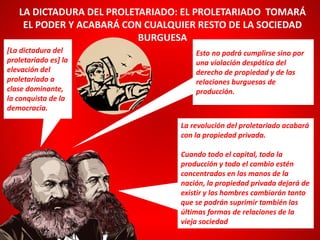 [La dictadura del
proletariado es] la
elevación del
proletariado a
clase dominante,
la conquista de la
democracia.
LA DICTADURA DEL PROLETARIADO: EL PROLETARIADO TOMARÁ
EL PODER Y ACABARÁ CON CUALQUIER RESTO DE LA SOCIEDAD
BURGUESA
La revolución del proletariado acabará
con la propiedad privada.
Cuando todo el capital, toda la
producción y todo el cambio estén
concentrados en las manos de la
nación, la propiedad privada dejará de
existir y los hombres cambiarán tanto
que se podrán suprimir también las
últimas formas de relaciones de la
vieja sociedad
Esto no podrá cumplirse sino por
una violación despótica del
derecho de propiedad y de las
relaciones burguesas de
producción.
 