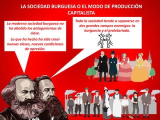 La moderna sociedad burguesa no
ha abolido los antagonismos de
clase.
Lo que ha hecho ha sido crear
nuevas clases, nuevas condiciones
de opresión.
LA SOCIEDAD BURGUESA O EL MODO DE PRODUCCIÓN
CAPITALISTA
Toda la sociedad tiende a separarse en
dos grandes campos enemigos: la
burguesía y el proletariado.
 