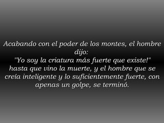 Acabando con el poder de los montes, el hombre dijo:  "Yo soy la criatura más fuerte que existe!" hasta que vino la muerte, y el hombre que se creía inteligente y lo suficientemente fuerte, con apenas un golpe, se terminó. 