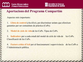 Aportacions del Programa Compartim Aspectes més importants: 1.  Llista de control   ( checklist ), per discriminar unitats que  ofereixen garanties per ser comunitats de pràctica (CoPs).  2.  Model de cicle de vida  de les CoPs. Tipus de CoPs. 3. Indicadors  per a cada estadi del model de cicle de vida de  les CoPs. Classificació de les CoPs. 4. Factors crítics d’èxit  per al funcionament i supervivència  de les CoPs a l’Administració pública.  