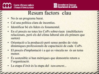 Resum factors  clau No és un programa barat. Cal una política clara de incentius. Identificar bé els líders és fonamental. En el procés no totes les CoPs sobreviuen  (multifactors relacionats, però els del clima laboral són els primers que surten)  Orientació a la producció però sense perdre de vista dinàmiques professionals de capacitació de cada  CoPs. El procés d'implantació i a qui es vincula no  és un tema menor. És sostenible si han mètriques que demostrin retorn a l’organització. La etapa d’èxit és la etapa del  tancament ... 
