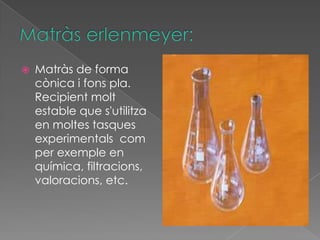    Matràs de forma
    cònica i fons pla.
    Recipient molt
    estable que s'utilitza
    en moltes tasques
    experimentals com
    per exemple en
    química, filtracions,
    valoracions, etc.
 