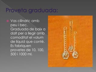    Vas cilíndric amb
    peu i bec.
    Graduada de baix a
    dalt per a llegir amb
    comoditat el volum
    de líquid que conté.
    Es fabriquen
    provetes de 10, 100,
    500 i 1000 ml.
 