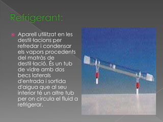    Aparell utilitzat en les
    destil·lacions per
    refredar i condensar
    els vapors procedents
    del matràs de
    destil·lació. És un tub
    de vidre amb dos
    becs laterals
    d'entrada i sortida
    d'aigua que al seu
    interior té un altre tub
    per on circula el fluid a
    refrigerar.
 