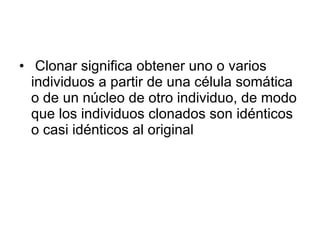 Clonar significa obtener uno o varios individuos a partir de una célula somática o de un núcleo de otro individuo, de modo que los individuos clonados son idénticos o casi idénticos al original   