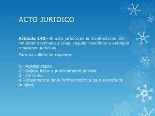 ACTO JURIDICO 
Artículo 140.- El acto jurídico es la manifestación de 
voluntad destinada a crear, regular, modificar o extinguir 
relaciones jurídicas. 
Para su validez se requiere: 
1.- Agente capaz. 
2.- Objeto física y jurídicamente posible. 
3.- Fin lícito. 
4.- Observancia de la forma prescrita bajo sanción de 
nulidad. 
 