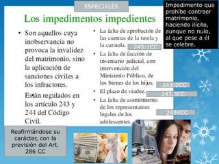 Impedimento que 
prohíbe contraer 
matrimonio, 
haciendo ilícito, 
aunque no nulo, 
al que pese a él 
se celebre. 
ESPECIALES 
Reafirmándose su 
carácter, con la 
previsión del Art. 
286 CC 
243:1CC 
243:2CC 
243.3CC 
2434CC 
 