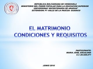 REPUBLICA BOLIVARIANA DE VENEZUELA
MINISTERIO DEL PODER POPULAR PARA LA EDUCACION SUPERIOR
UNIVERSIDAD “BICENTENARIA DE ARAGUA”
EXTENSION: P1 VALLE DE LA PASCUA- GUARICO
PARTICIPANTE:
MARIA JOSE, ESCALONA
C.I: 20.528.071
JUNIO 2016
 
