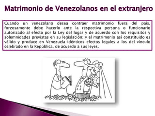 Cuando un venezolano desea contraer matrimonio fuera del país,
forzosamente debe hacerlo ante la respectiva persona o funcionario
autorizado al efecto por la Ley del lugar y de acuerdo con los requisitos y
solemnidades previstas en su legislación; y el matrimonio así constituido es
válido y produce en Venezuela idénticos efectos legales a los del vínculo
celebrado en la República, de acuerdo a sus leyes.
 