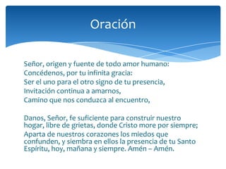 Señor, origen y fuente de todo amor humano:
Concédenos, por tu infinita gracia:
Ser el uno para el otro signo de tu presencia,
Invitación continua a amarnos,
Camino que nos conduzca al encuentro,
Danos, Señor, fe suficiente para construir nuestro
hogar, libre de grietas, donde Cristo more por siempre;
Aparta de nuestros corazones los miedos que
confunden, y siembra en ellos la presencia de tu Santo
Espíritu, hoy, mañana y siempre. Amén – Amén.
Oración
 