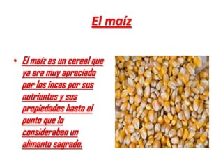 El maíz

• El maíz es un cereal que
  ya era muy apreciado
  por los incas por sus
  nutrientes y sus
  propiedades hasta el
  punto que lo
  consideraban un
  alimento sagrado.
 