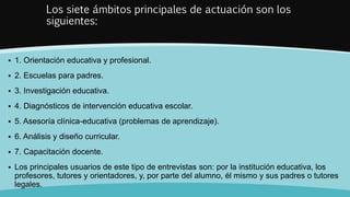 Los siete ámbitos principales de actuación son los
siguientes:
 1. Orientación educativa y profesional.
 2. Escuelas para padres.
 3. Investigación educativa.
 4. Diagnósticos de intervención educativa escolar.
 5. Asesoría clínica-educativa (problemas de aprendizaje).
 6. Análisis y diseño curricular.
 7. Capacitación docente.
 Los principales usuarios de este tipo de entrevistas son: por la institución educativa, los
profesores, tutores y orientadores, y, por parte del alumno, él mismo y sus padres o tutores
legales.
 