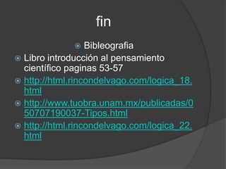 finBibleografiaLibro introducción al pensamiento científico paginas 53-57http://html.rincondelvago.com/logica_18.htmlhttp://www.tuobra.unam.mx/publicadas/050707190037-Tipos.htmlhttp://html.rincondelvago.com/logica_22.html