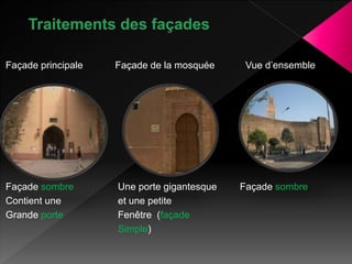 Façade principale Façade de la mosquée Vue d’ensemble
Façade sombreUne porte gigantesque
et une petite
Fenêtre (façade
Simple)
Façade sombre
Contient une
Grande porte
 