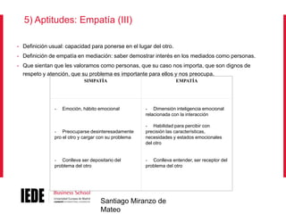 5) Aptitudes: Empatía (III)
•

Definición usual: capacidad para ponerse en el lugar del otro.

•

Definición de empatía en mediación: saber demostrar interés en los mediados como personas.

•

Que sientan que les valoramos como personas, que su caso nos importa, que son dignos de
respeto y atención, que su problema es importante para ellos y nos preocupa.
SIMPATÍA

-

Emoción, hábito emocional

EMPATÍA

- Dimensión inteligencia emocional
relacionada con la interacción

- Preocuparse desinteresadamente
pro el otro y cargar con su problema

- Habilidad para percibir con
precisión las características,
necesidades y estados emocionales
del otro

- Conlleva ser depositario del
problema del otro

- Conlleva entender, ser receptor del
problema del otro

Santiago Miranzo de
Mateo

 