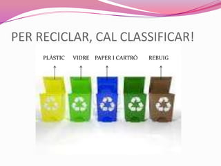 PER RECICLAR, CAL CLASSIFICAR!
PLÀSTIC VIDRE PAPER I CARTRÓ REBUIG
 