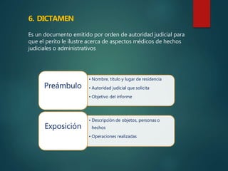 6. DICTAMEN
Es un documento emitido por orden de autoridad judicial para
que el perito le ilustre acerca de aspectos médicos de hechos
judiciales o administrativos
• Nombre, titulo y lugar de residencia
• Autoridad judicial que solicita
• Objetivo del informe
Preámbulo
• Descripción de objetos, personas o
hechos
• Operaciones realizadas
Exposición
 