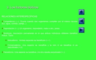 3. Los factores bióticos RELACIONES INTERESPECÍFICAS Competencia  (-,-). Ocurre cuando dos organismos compiten por el mismo recurso (luz, agua, comida, pareja...) Depredación  (+,-). Un organismo,  depredador , mata a otro,  presa .  Simbiosis . Asociación permanente en la que ambos individuos obtienen beneficio mutuo. Tipos: Mutualismo .  Ambas especies se benefician (+,+).  Comensalismo .  Una especie se beneficia y la otra ni se beneficia ni es perjudicada (+,0). Parasitismo . Una especie se beneficia y la otra resulta perjudicada (+,-) 