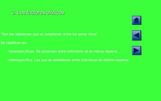 “ Son las relaciones que se establecen entre los seres vivos” Se clasifican en: -  Intraespecíficas . Se producen entre individuos de la misma especie.  -  Interespecífica . Las que se establecen entre individuos de distinta especie.  3. Los factores bióticos 