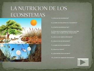 1) ¿Que son los ecosistemas?
2) ¿Cuales son las partes de un ecosistema?
3) ¿Cuantos ecosistemas hay?
4) ¿Para que un ecosistema funcione hace falta
energía y que circulen por los componentes?
5) ¿Que es una cadena alimentaría?
6) ¿Que es una red alimentaría?
7) ¿Cuales son los ecosistemas?
8) ¿Que es un bioma?
9) ¿Que biomas hay en la tierra?
10) ¿Cual es la vegetación del desierto?
 