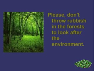 Please, don't throw rubbish in the forests to look after the environment. 