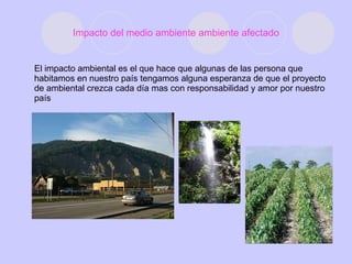 Impacto del medio ambiente ambiente afectado El impacto ambiental es el que hace que algunas de las persona que habitamos en nuestro país tengamos alguna esperanza de que el proyecto de ambiental crezca cada día mas con responsabilidad y amor por nuestro país  
