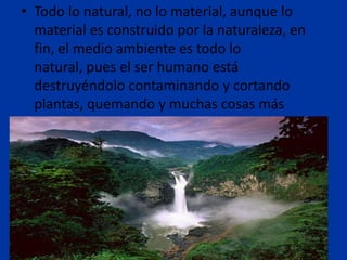 • Todo lo natural, no lo material, aunque lo
  material es construido por la naturaleza, en
  fin, el medio ambiente es todo lo
  natural, pues el ser humano está
  destruyéndolo contaminando y cortando
  plantas, quemando y muchas cosas más
 