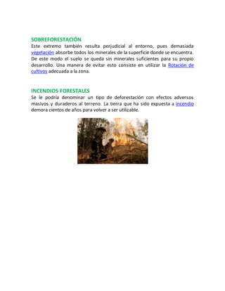 SOBREFORESTACIÓN
Este extremo también resulta perjudicial al entorno, pues demasiada
vegetación absorbe todos los minerales de la superficie donde se encuentra.
De este modo el suelo se queda sin minerales suficientes para su propio
desarrollo. Una manera de evitar esto consiste en utilizar la Rotación de
cultivos adecuada a la zona.
INCENDIOS FORESTALES
Se le podría denominar un tipo de deforestación con efectos adversos
masivos y duraderos al terreno. La tierra que ha sido expuesta a incendio
demora cientos de años para volver a ser utilizable.
 