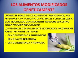 LOS ALIMENTOS MODIFICADOS
          GENETICAMENTE
CUANDO SE HABLA DE LOS ALIMENTOS TRANSGENICOS, NOS
REFERIMOS A UN CONJUNTO DE VEGETALES Y CEREALES QUE A
SIDO MODIFICADO GENETICAMENTE PARA QUE SU CULTIVO
TENGA MAYOR PRODUCTIVIDAD.
LOS VEGETALES GENERALEMENTE MODIFICADOS INCORPORAN
HASTA TRES GENES DISTINTOS:
• GEN DE RESISTENCIA ANTIBIÓTICOS
• GEN DE AUTOINSECTISIDA
• GEN DE RESISTENCIA A HERVICIDA.
 