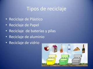 Tipos de reciclaje
•   Reciclaje de Plástico
•   Reciclaje de Papel
•   Reciclaje de baterías y pilas
•   Reciclaje de aluminio
•   Reciclaje de vidrio
 